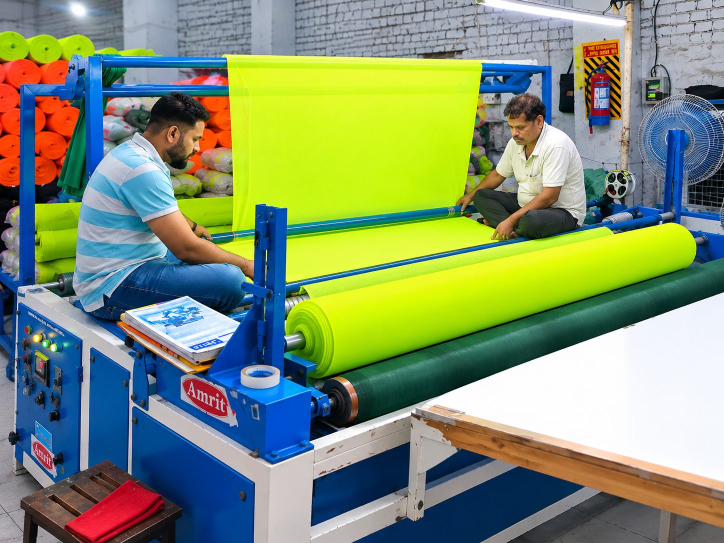 Trustex technician inspecting a roll of high-visibility knitted fabric